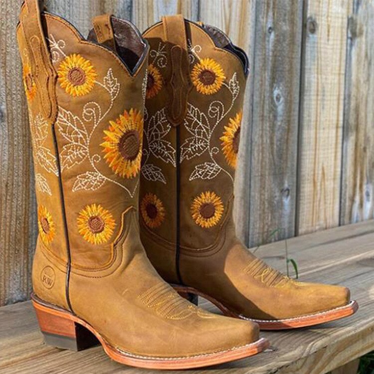 Sunflower embroidered scallop top pointed toe western boot in khaki