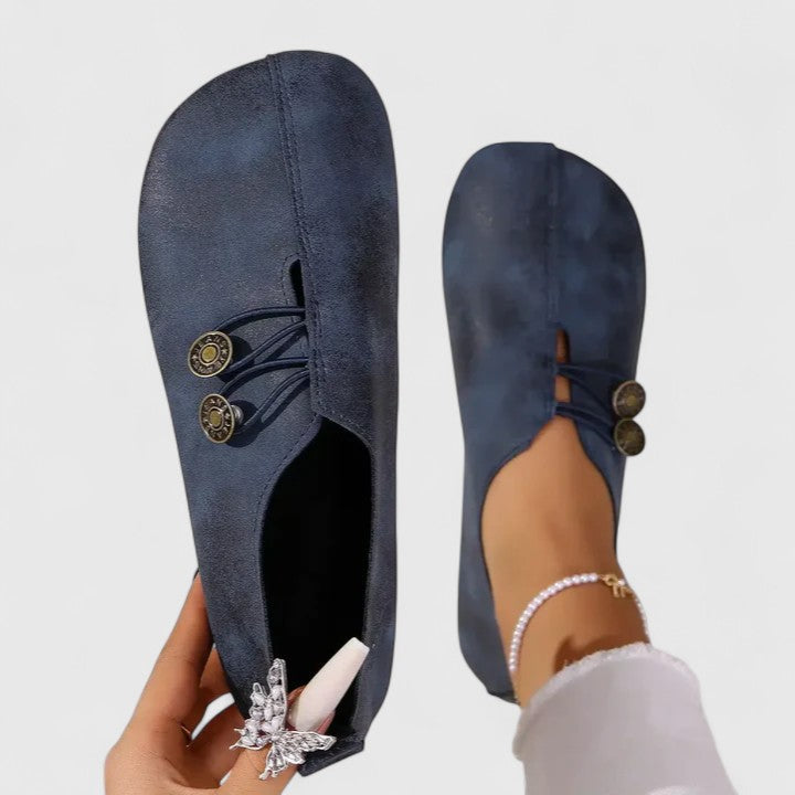 Bronze button lace up suede round toe casual flat in navy blue