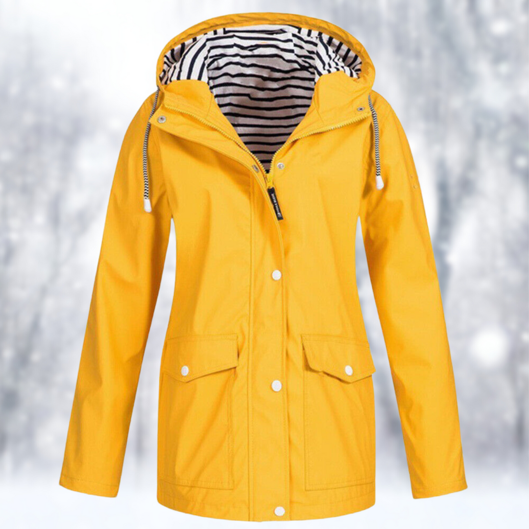 Women's hooded button-front rain jacket in yellow