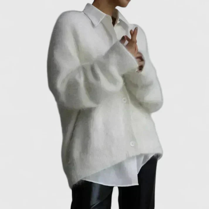 Women's brushed knit V-neck button cardigan in white