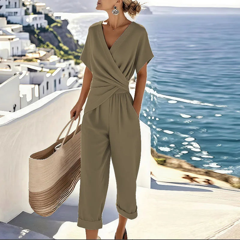 Elegant wrap-front two-piece set with tailored trousers in khaki