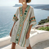 Women's Green and Orange Floral Print V-Neck Beach Dress
