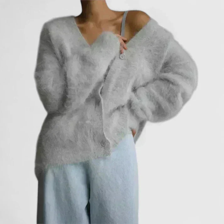 Women's brushed knit V-neck button cardigan in light grey