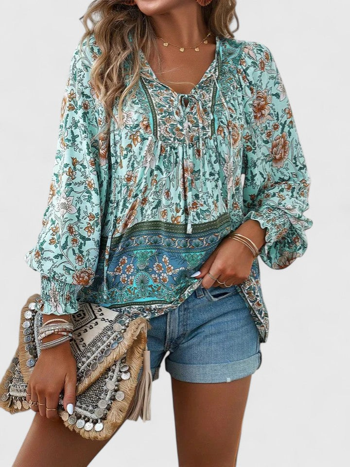 Floral Boho Puff-Sleeve Blouse - Blue