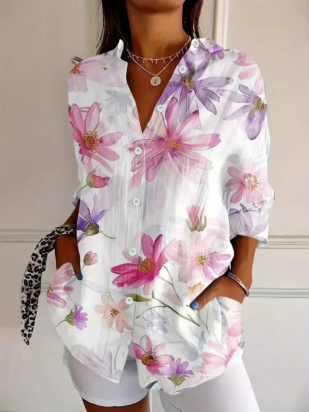 White abstract art print blouse women