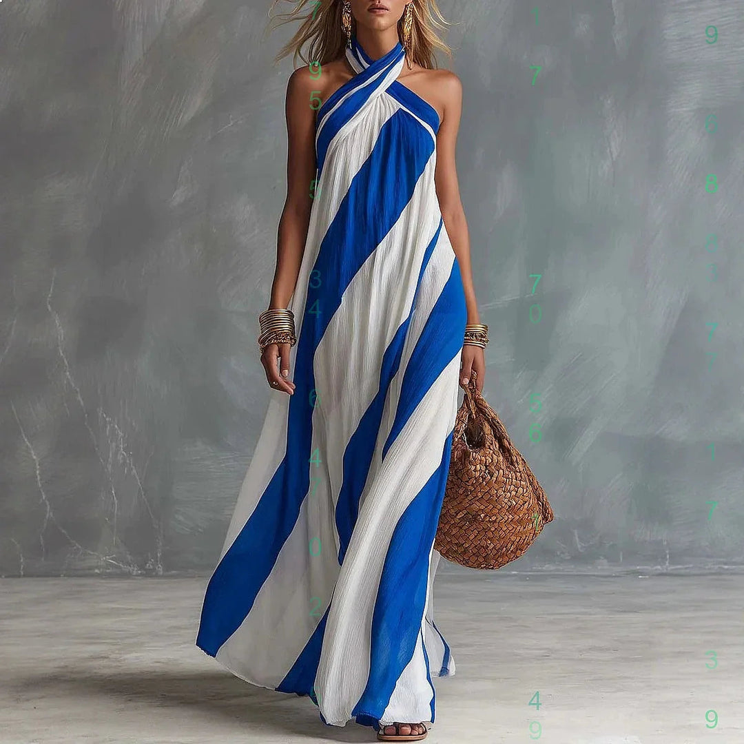 Women's striped halter neck sleeveless maxi dress in blue