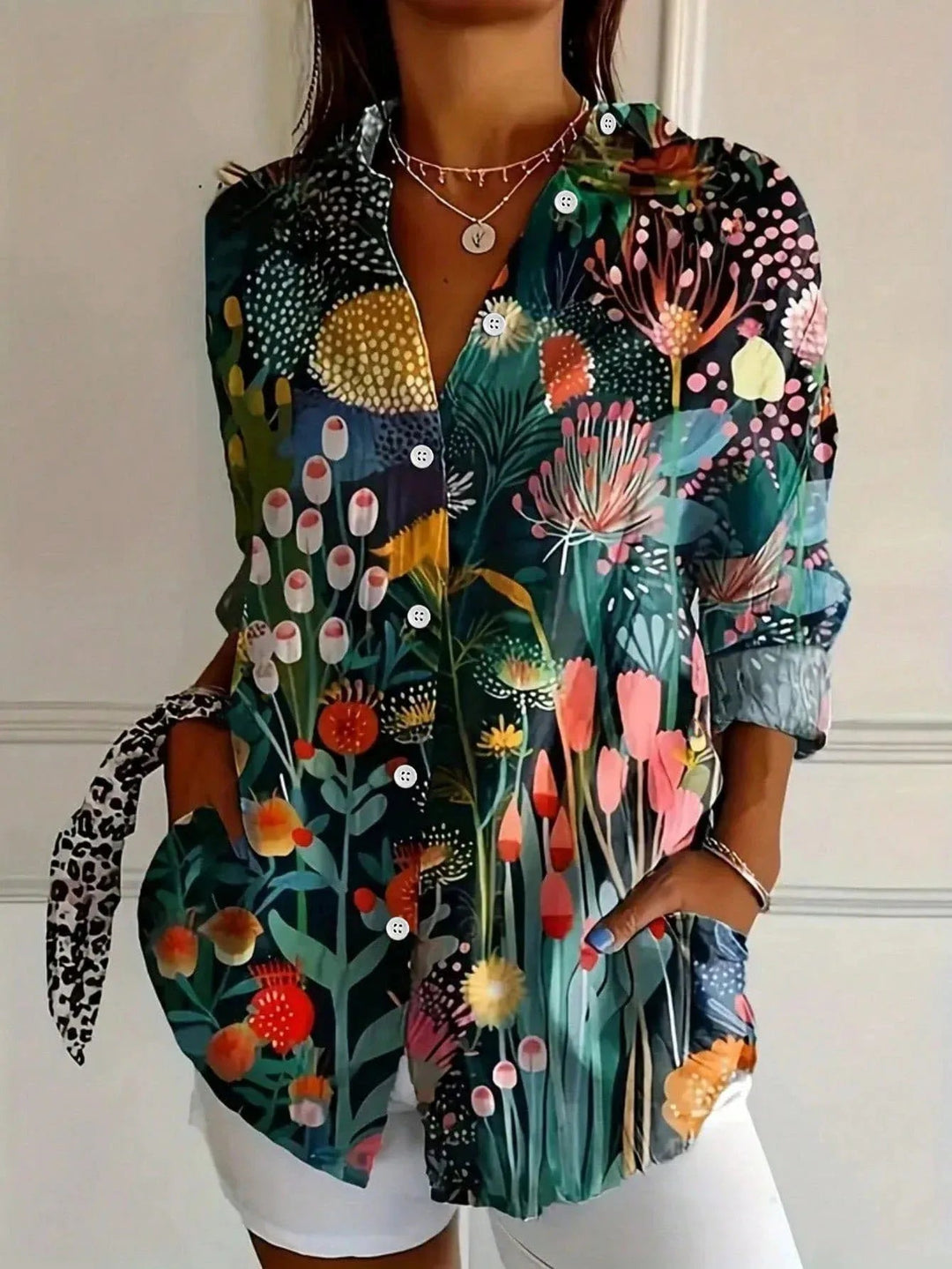 Green abstract art print blouse women