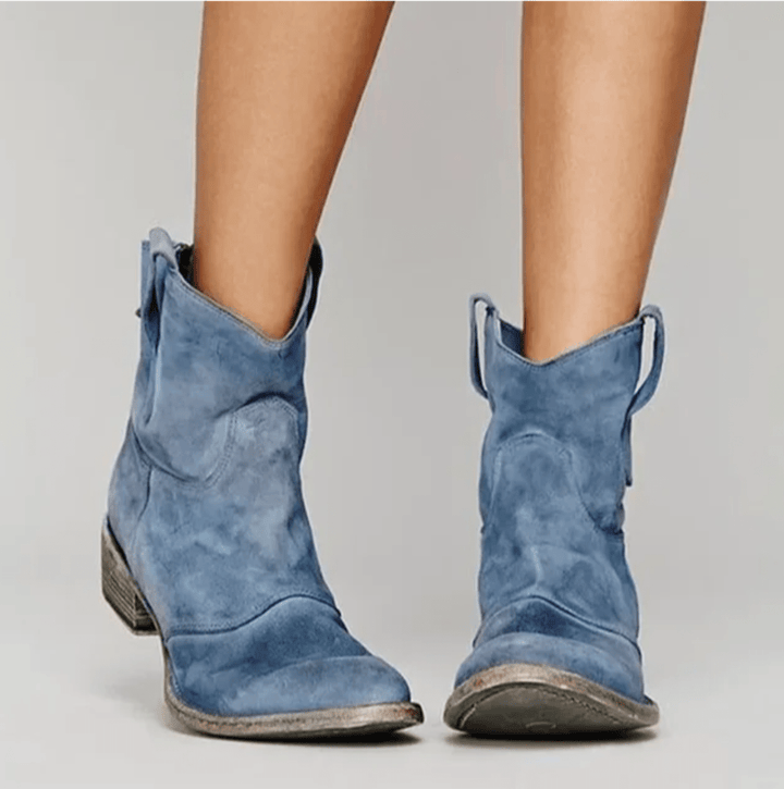 Women's suede side zip block heel ankle boot in blue