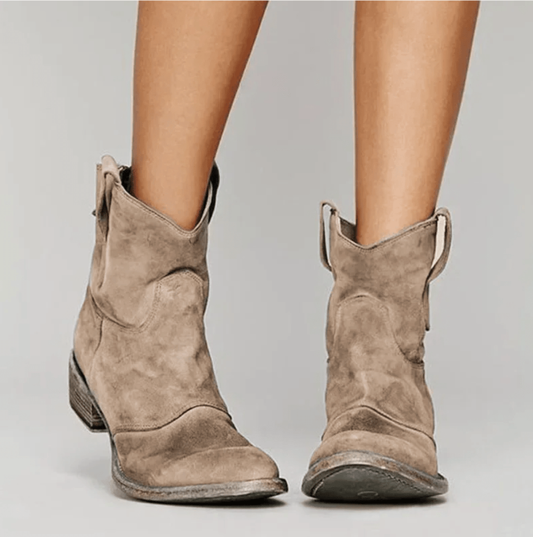 Women's suede side zip block heel ankle boot in brown