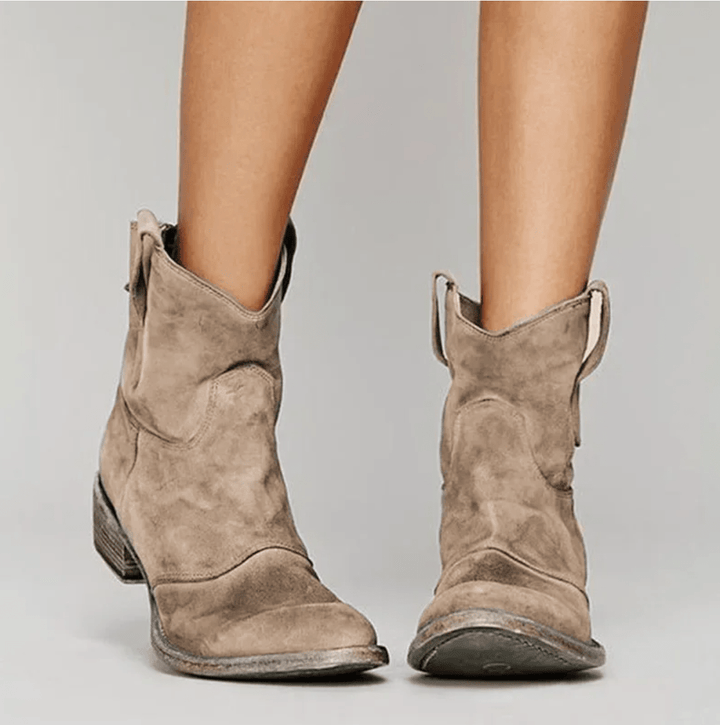 Women's suede side zip block heel ankle boot in brown