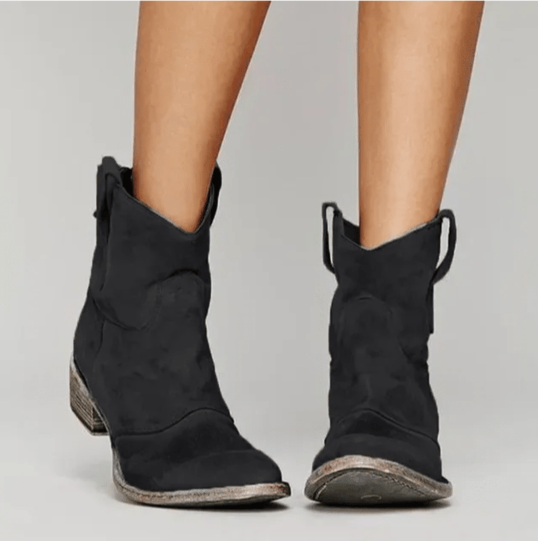 Women's suede side zip block heel ankle boot in black
