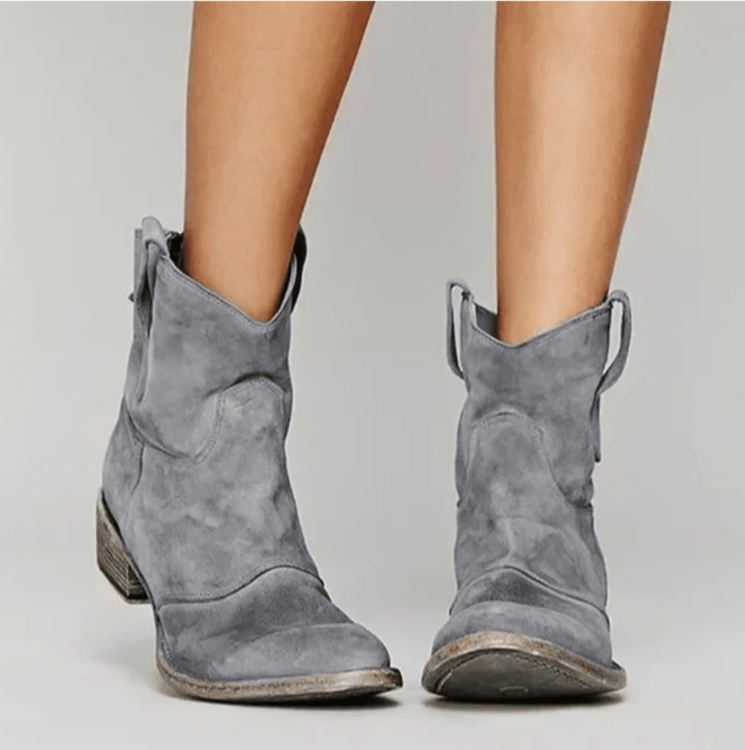Women's suede side zip block heel ankle boot in grey