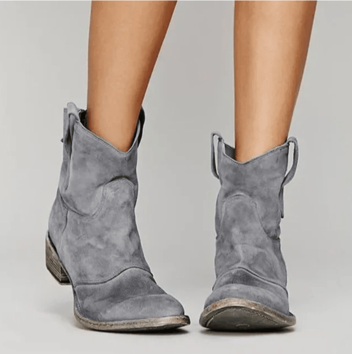 Women's suede side zip block heel ankle boot in grey