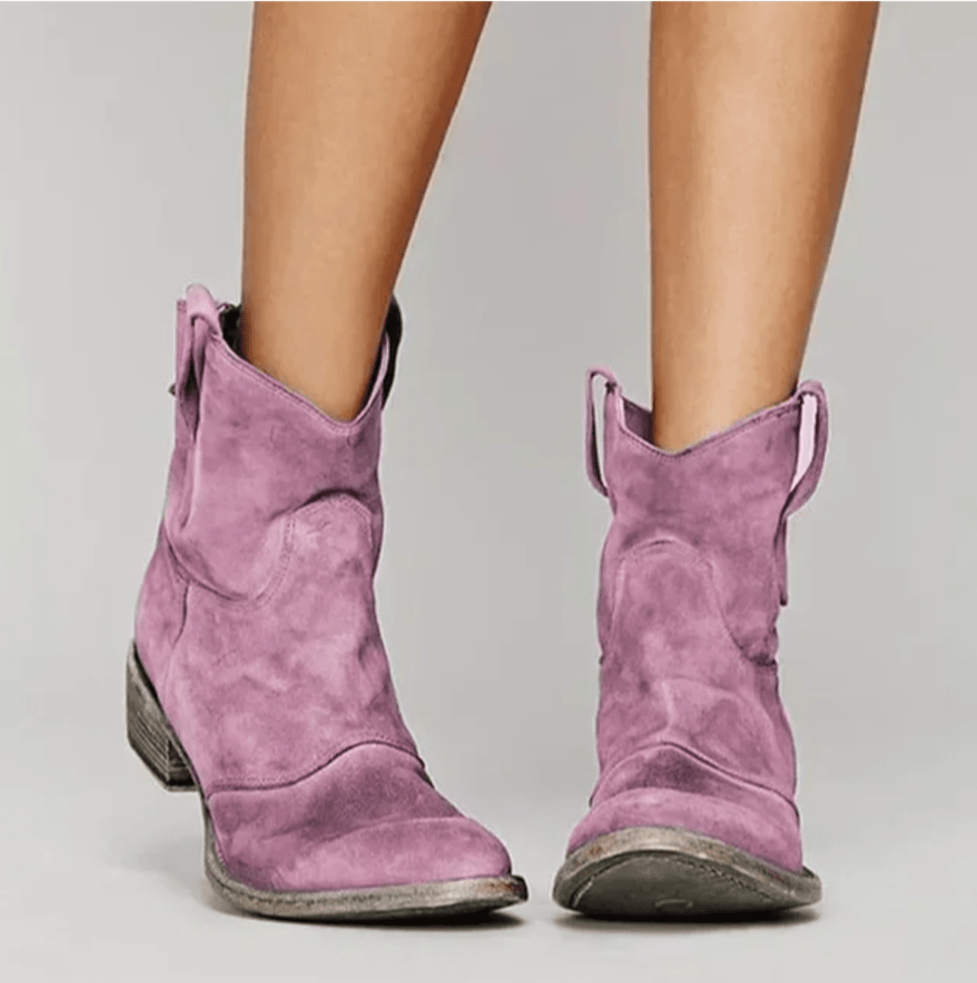 Women's suede side zip block heel ankle boot in purple