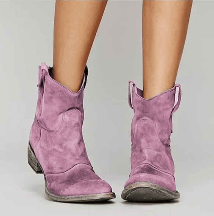 Women's suede side zip block heel ankle boot in purple