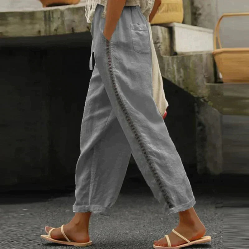 High-Waist Tapered Linnen Trousers with Side Stripe