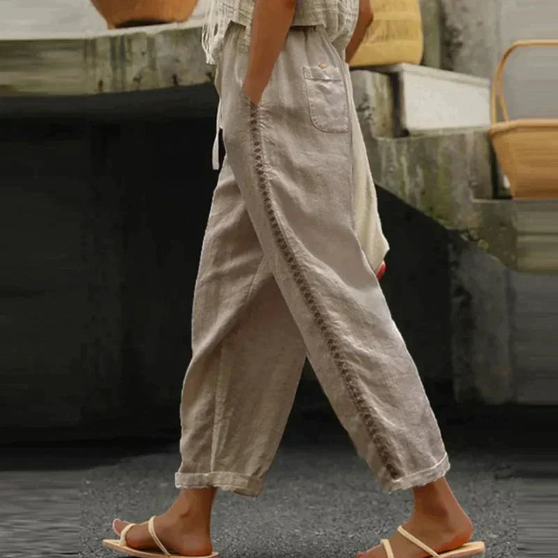 High-Waist Tapered Linnen Trousers with Side Stripe