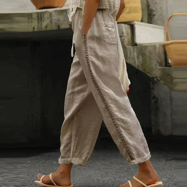 High-Waist Tapered Linnen Trousers with Side Stripe