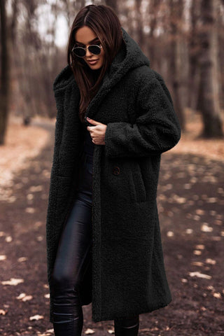 Women's longline hooded teddy coat in black