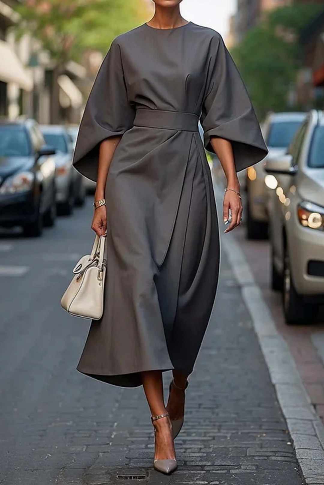 Elegant Lantern Sleeve Dress - Gray