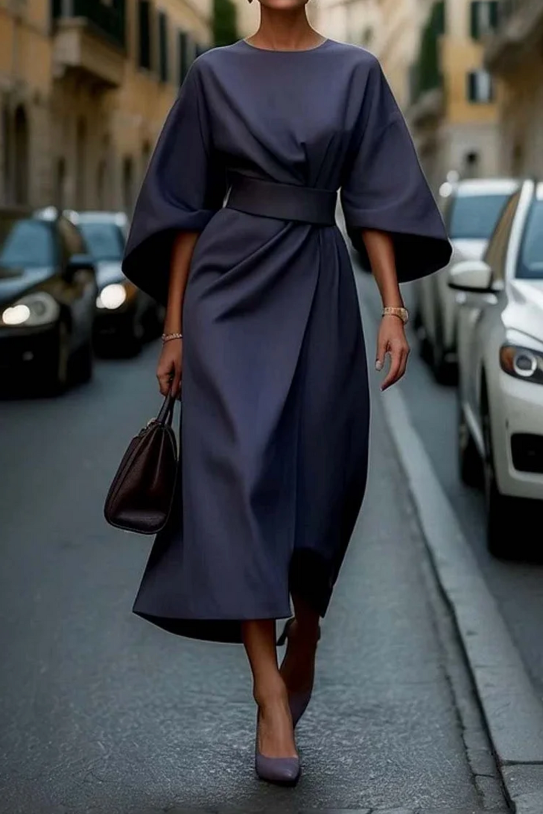 Elegant Lantern Sleeve Dress - Blue