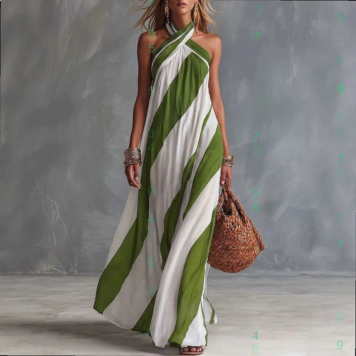 Women's striped halter neck sleeveless maxi dress in green