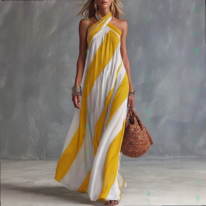 Women's striped halter neck sleeveless maxi dress in yellow