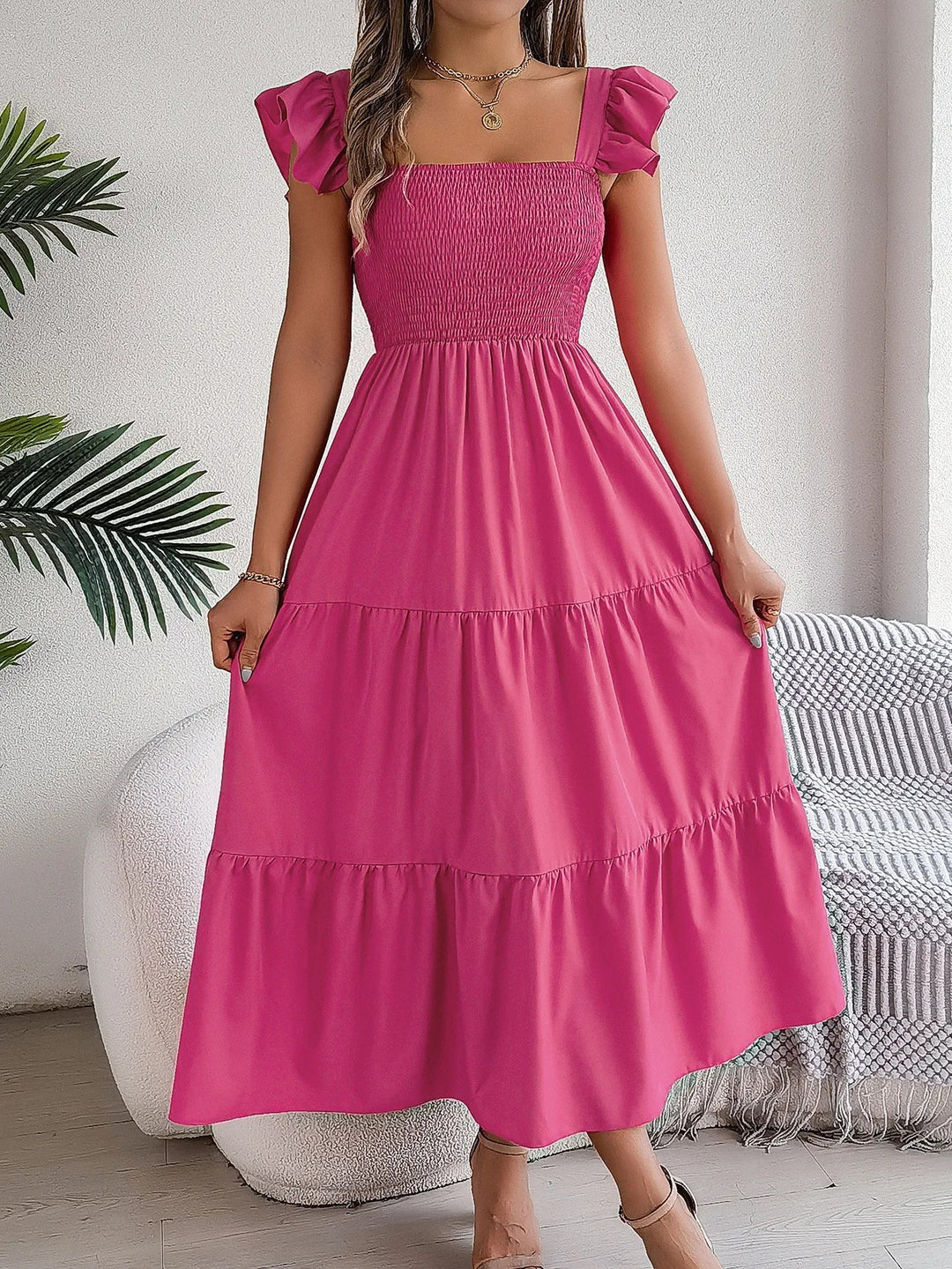 Tiered smocked ruffle sleeve midi dress in pink