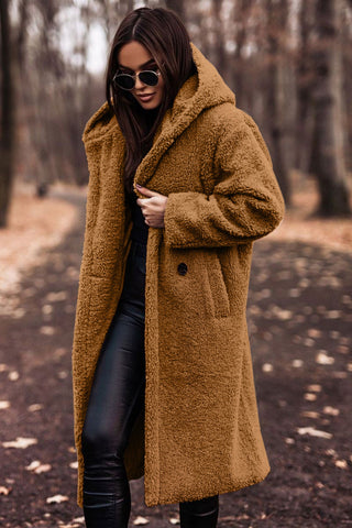 Women's longline hooded teddy coat in caramel