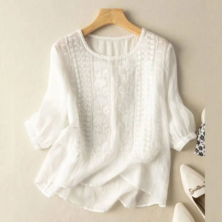 Embroidered Floral Relaxed Blouse - White