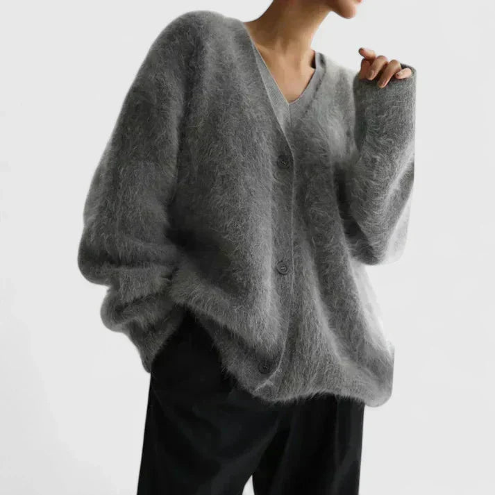 Women's brushed knit V-neck button cardigan in dark grey