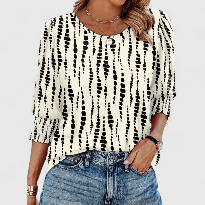 Smocked-Cuff Crew Neck Top