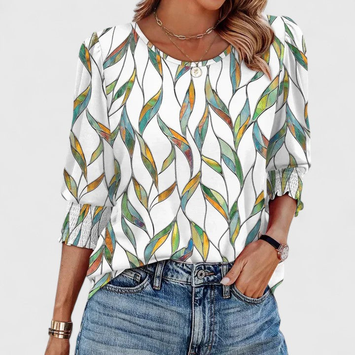 Smocked-Cuff Crew Neck Top