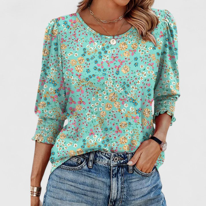 Smocked-Cuff Crew Neck Top