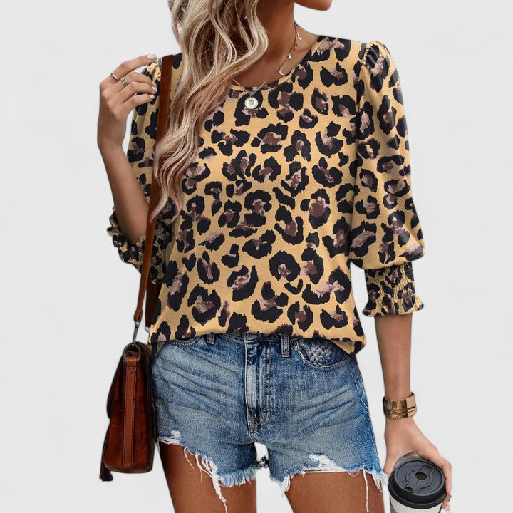 Smocked-Cuff Crew Neck Top