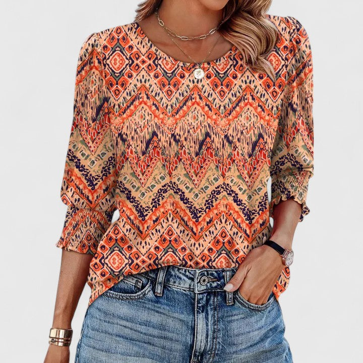 Smocked-Cuff Crew Neck Top