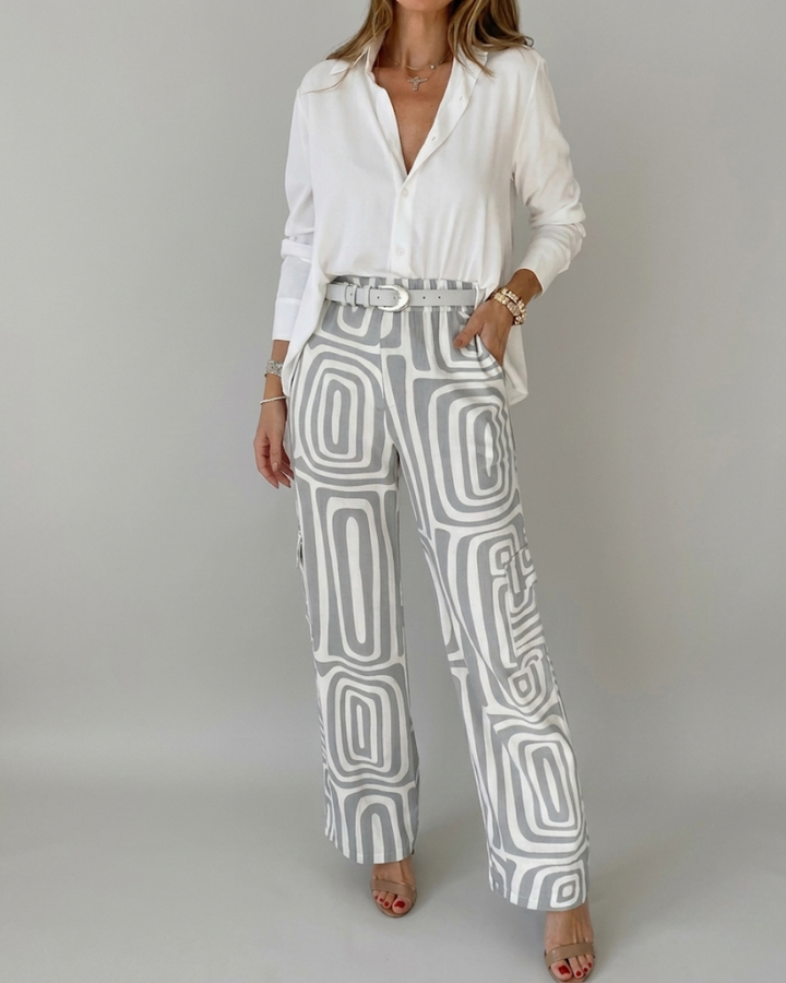 Two-Piece Set with Button-Up Blouse and Wide Leg Pants