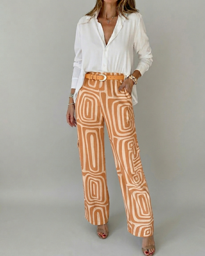 Two-Piece Set with Button-Up Blouse and Wide Leg Pants
