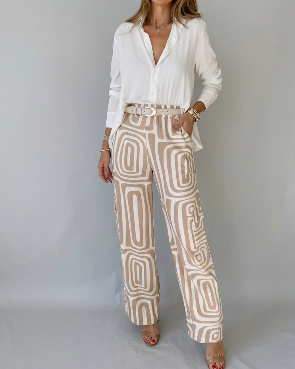 Two-Piece Set with Button-Up Blouse and Wide Leg Pants