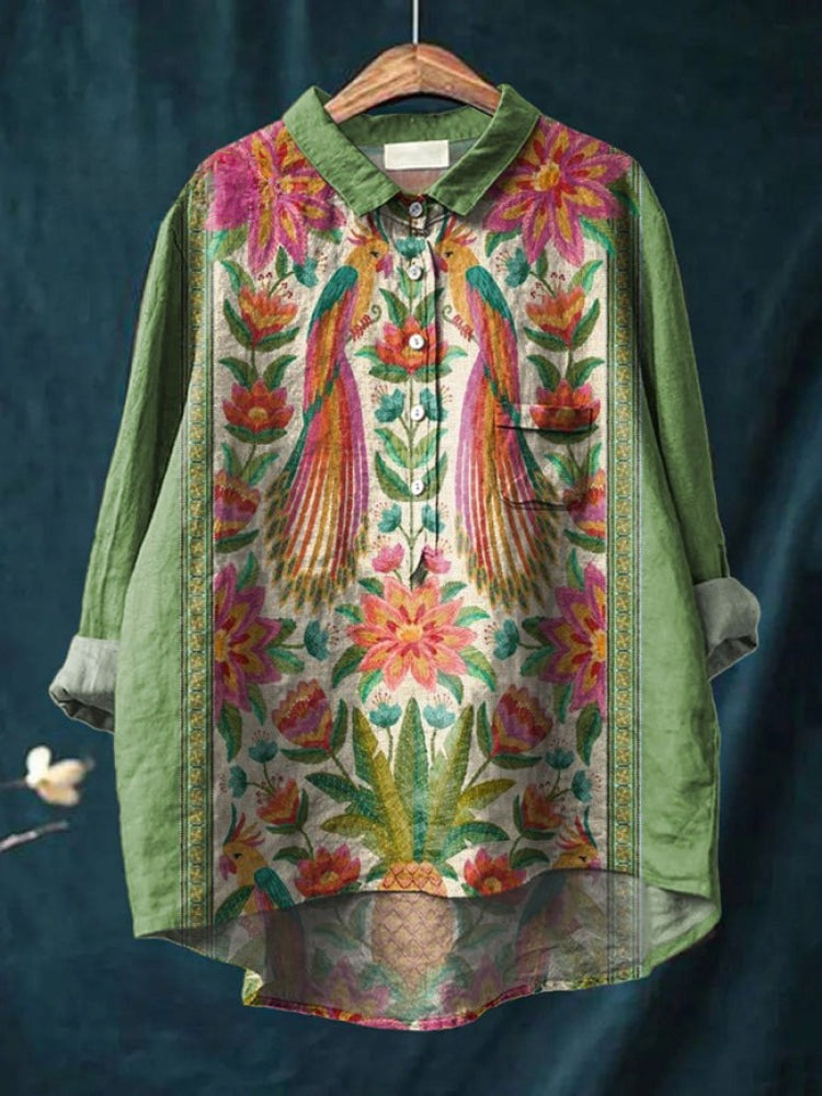 Patterned linen shirt in green