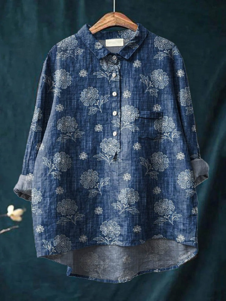 Patterned linen shirt in royal blue