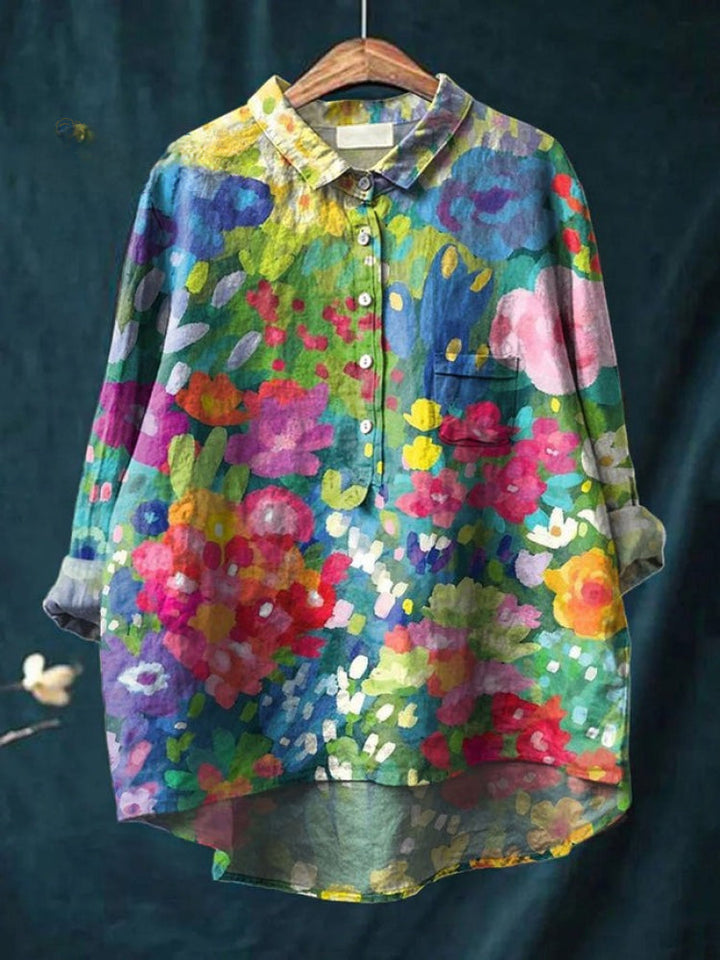 Patterned linen shirt in aqua