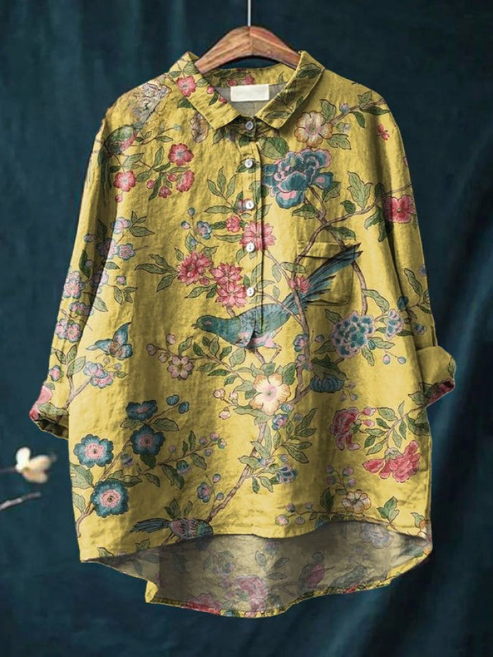 Patterned linen shirt in yellow