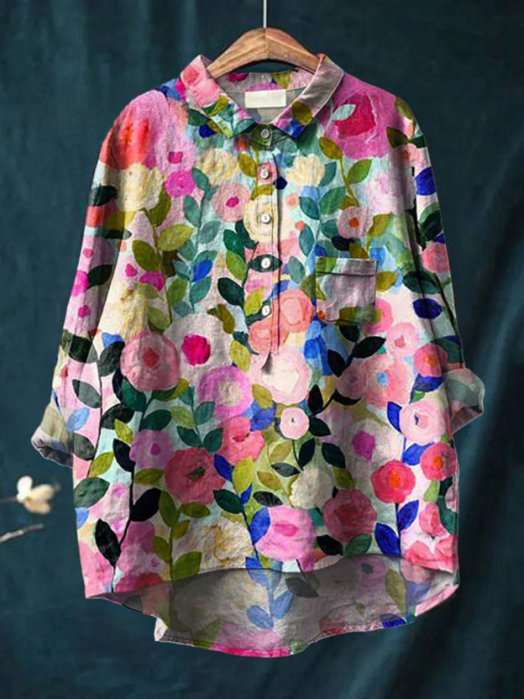 Patterned linen shirt in pink