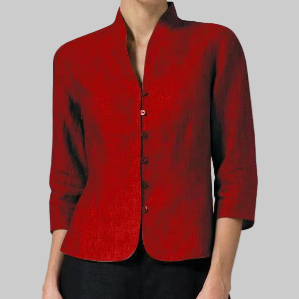 Stand Collar Button-Front Dressy Blouse in red