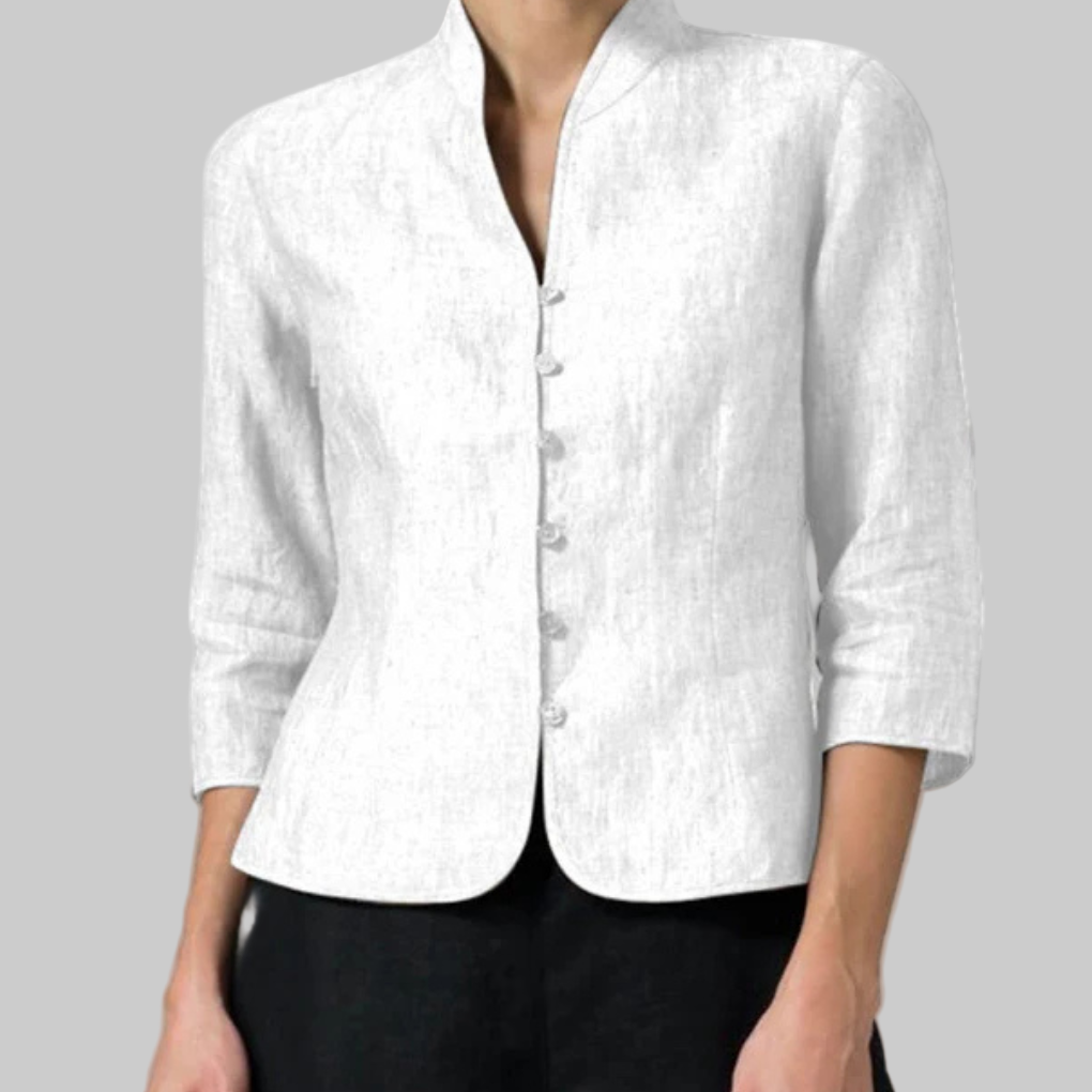 Stand Collar Button-Front Dressy Blouse in white