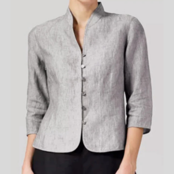 Stand Collar Button-Front Dressy Blouse in gray