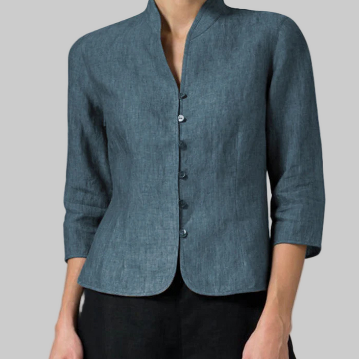 Stand Collar Button-Front Dressy Blouse in blue