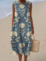 Women's Boho Floral Print Denim Blue Midi Dress