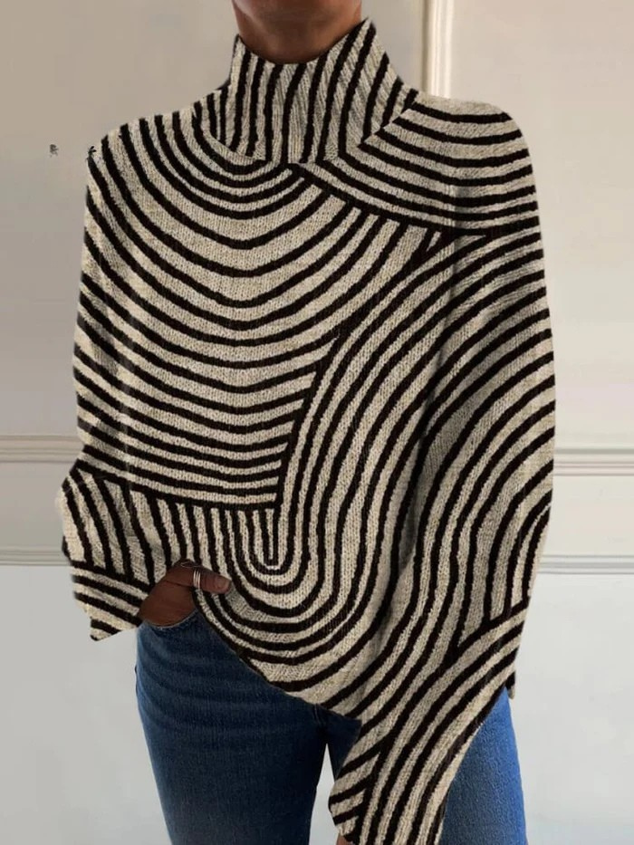 Women's Hand-Drawn Line Print Turtleneck Sweater - Multicolour